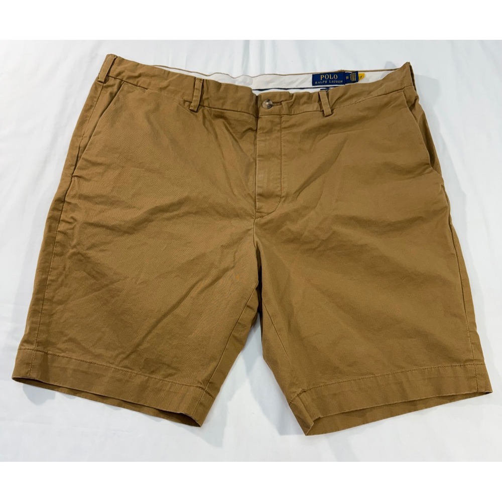 Polo Ralph Lauren Mens 38 Slim Stretch Chino Shorts Brown Khaki Tan Flat Front